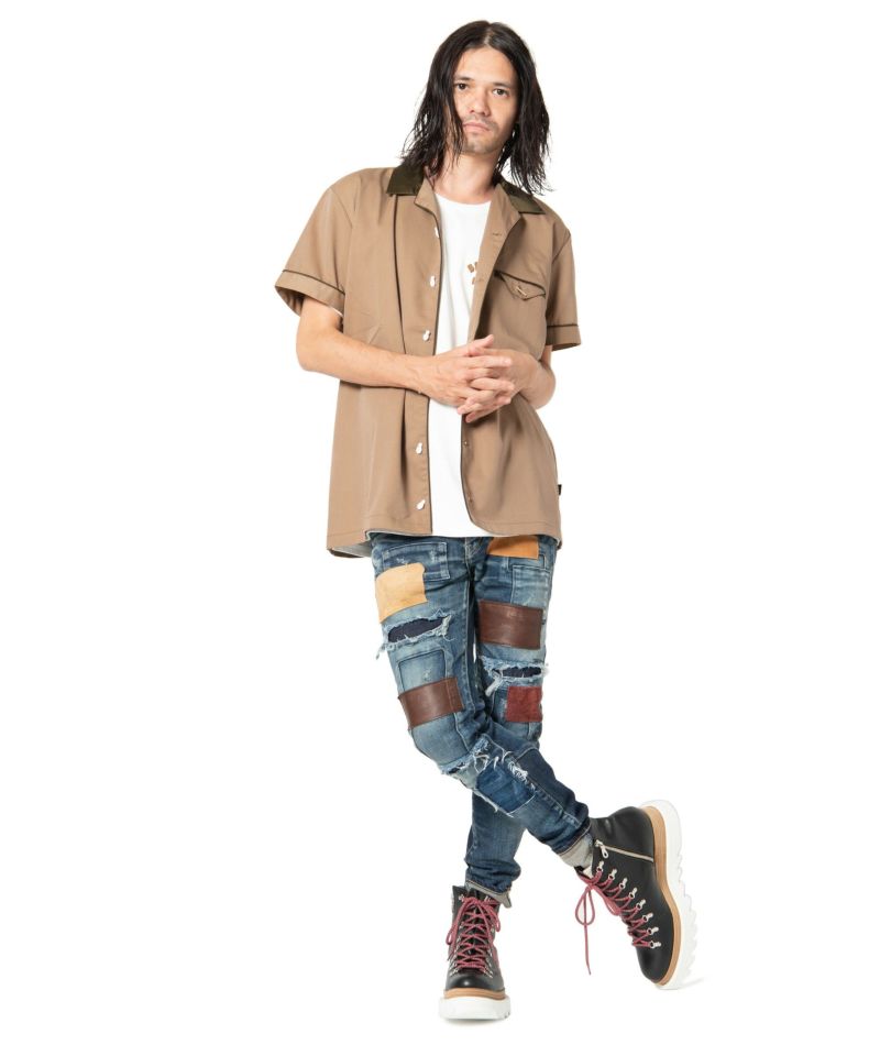 glamb（グラム）の「Unplugged leather patch denim